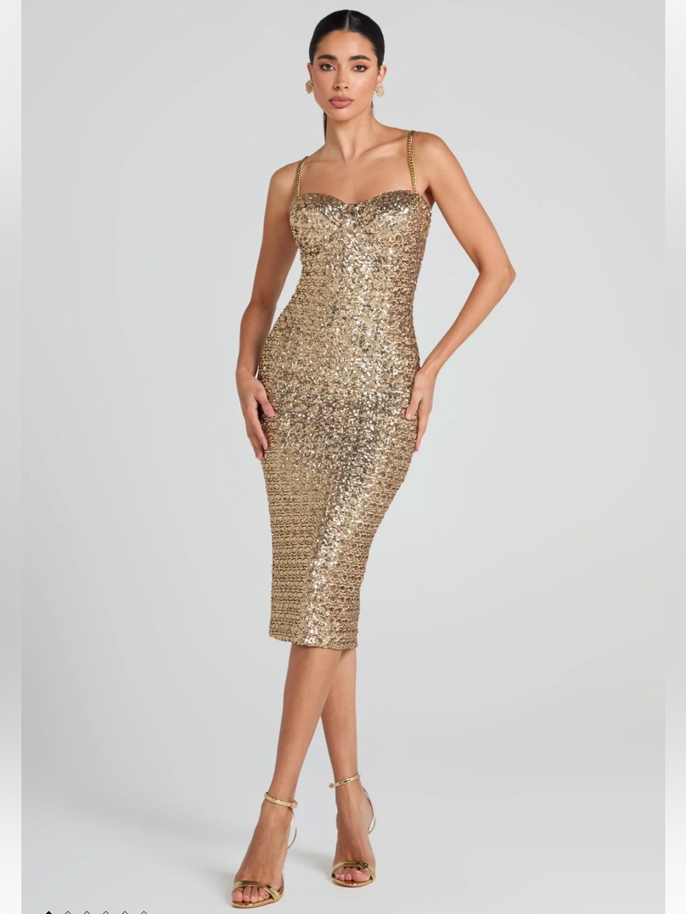 NADINE MERABI NINA Gold Sequin Midi Dress
